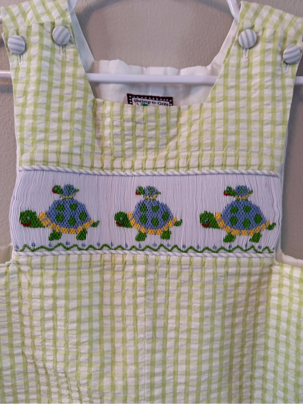 Shrimp & Grits Gingham Seersucker Jon Jon with Turtle Smocking - Picture 2 of 3